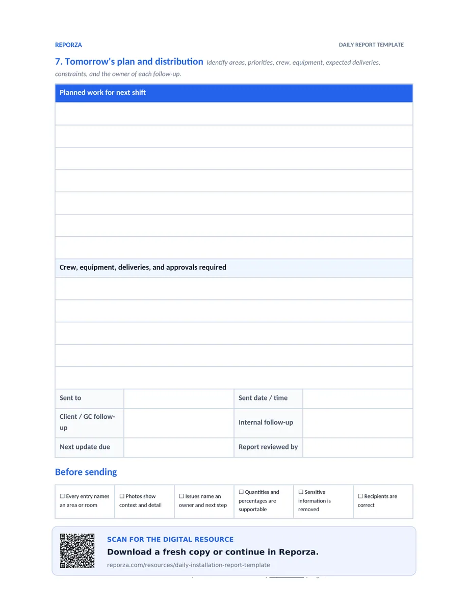 Daily installation report template page 5 showing tomorrow’s plan, distribution, and before-sending checklist