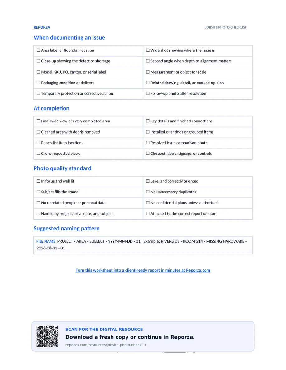 Jobsite photo checklist page 2 showing issue, completion, quality, and file-naming checklists