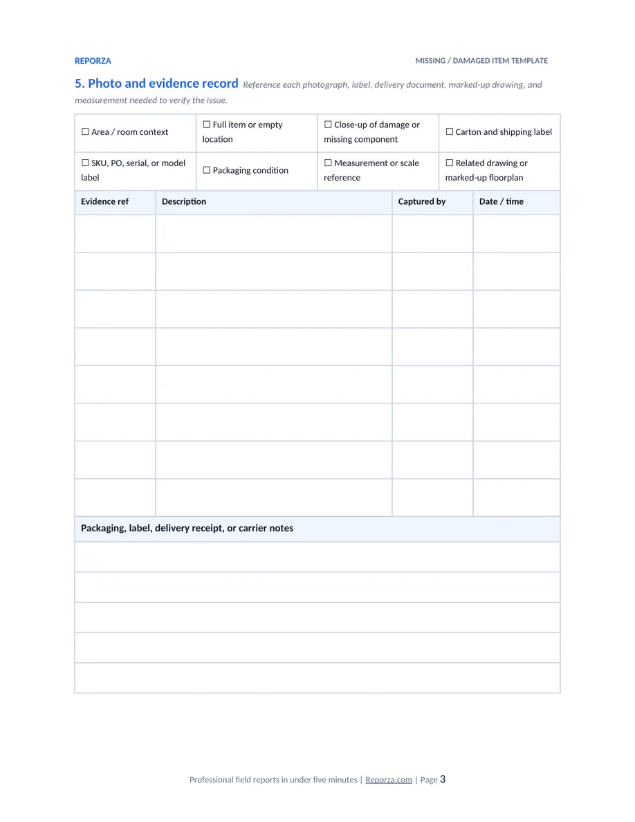Missing or damaged item report template page 3 showing evidence checklist and photo reference table