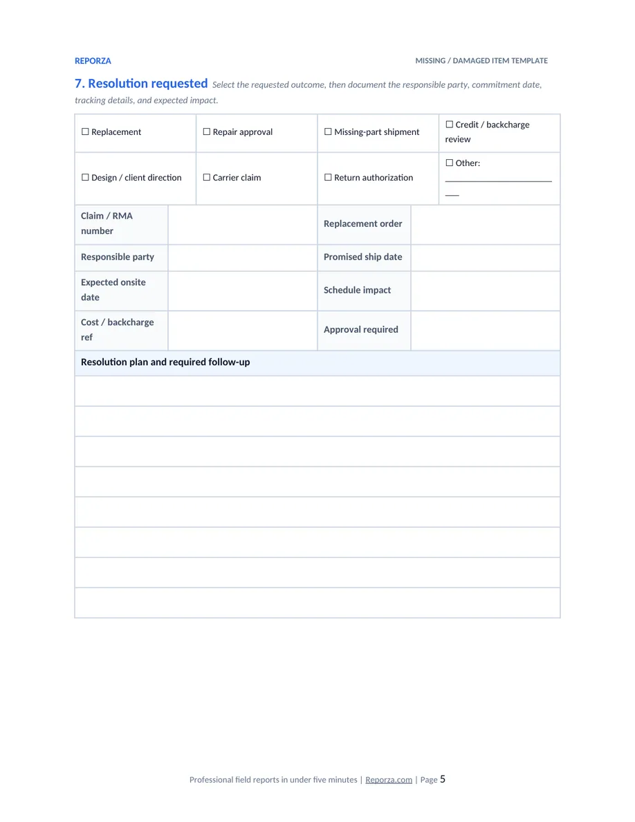 Missing or damaged item report template page 5 showing resolution options, responsibility, dates, and follow-up