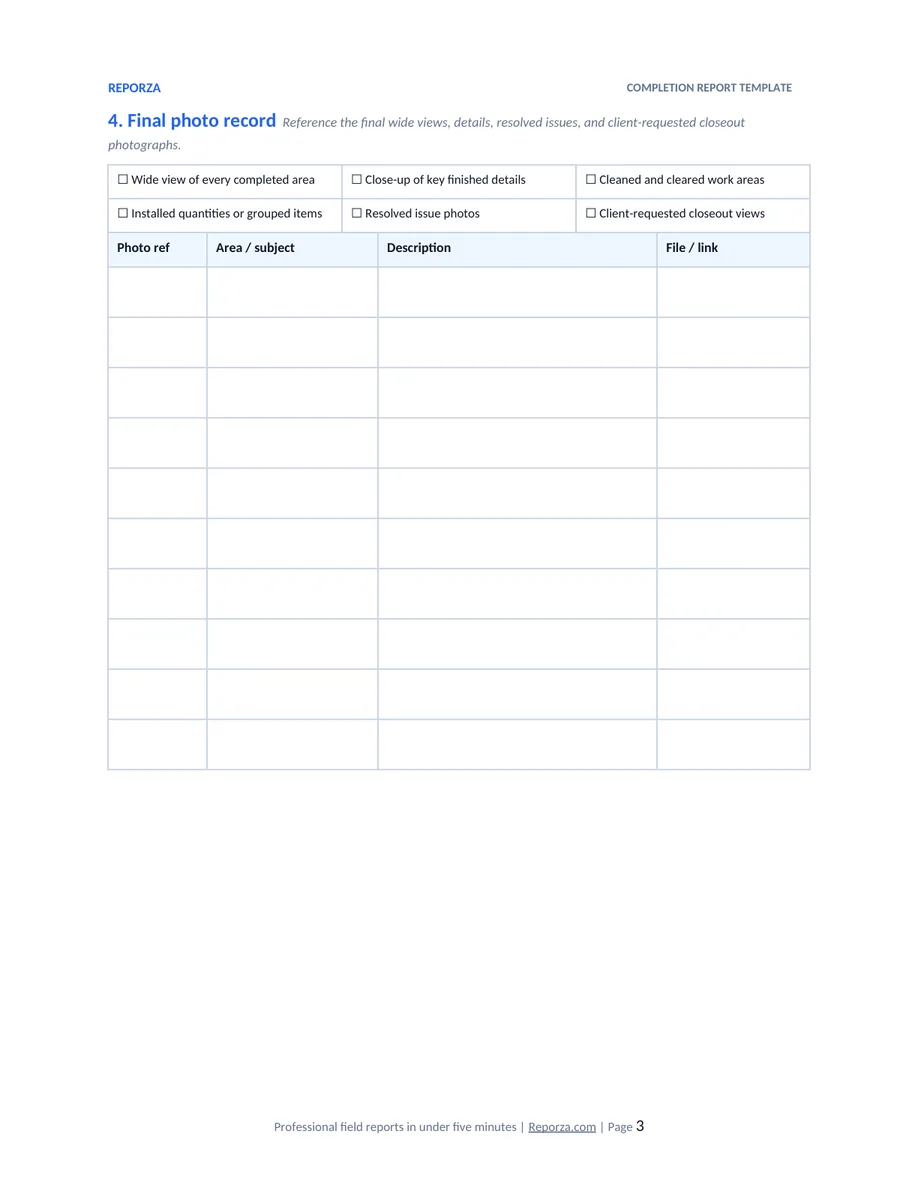 Project completion report template page 3 showing final photo record checklist and reference table