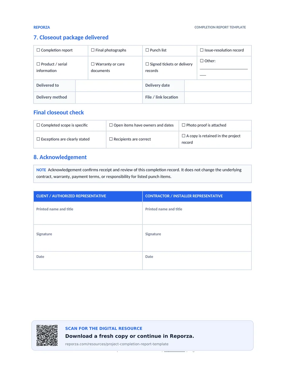 Project completion report template page 6 showing closeout package, final checks, and acknowledgement signatures