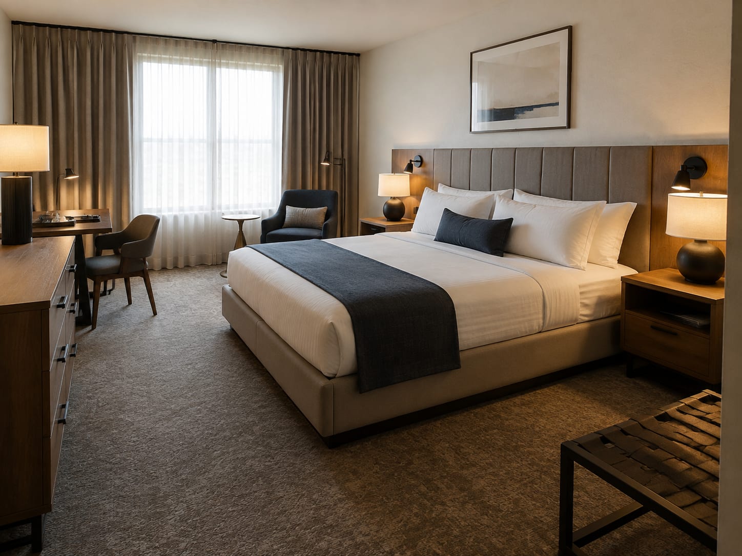 Sample completed hotel guest room with installed casegoods